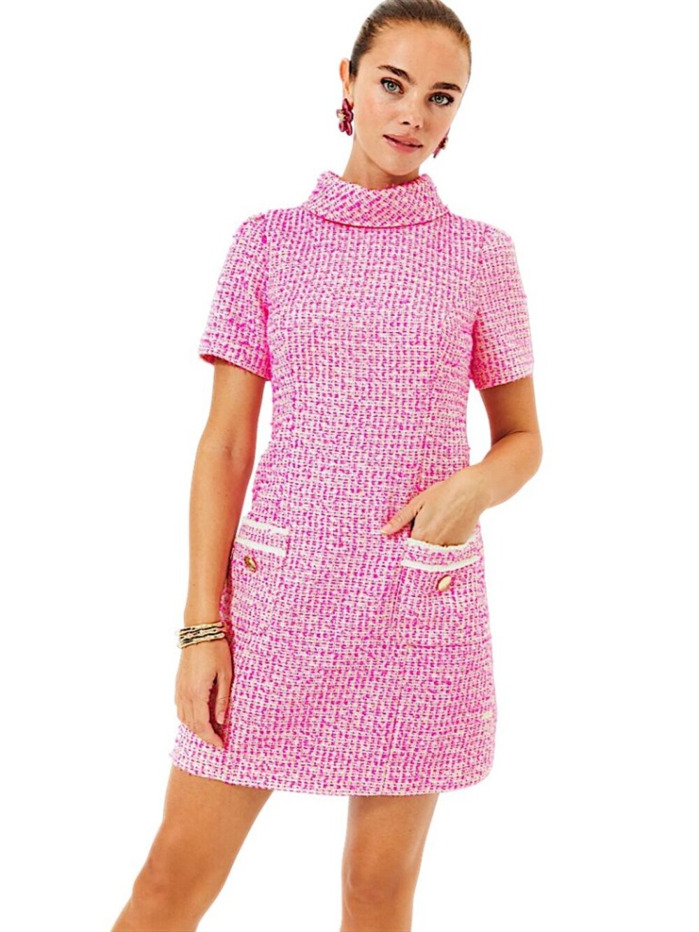Lilly Pulitzer Tiessa Short Sleeve Boucle Shift Dress in Pink Palms NWT - Size 2